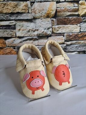 Leather Moccasins with Pink Pig Appliqué New